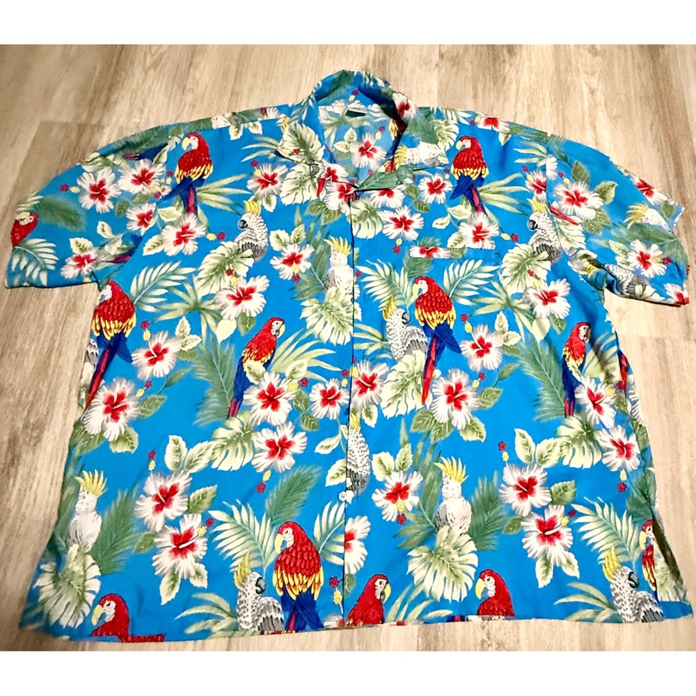 Rima Beachworld Blue Tropical Parrot Cockatoo Hibiscus Shirt 2XL Terivoile